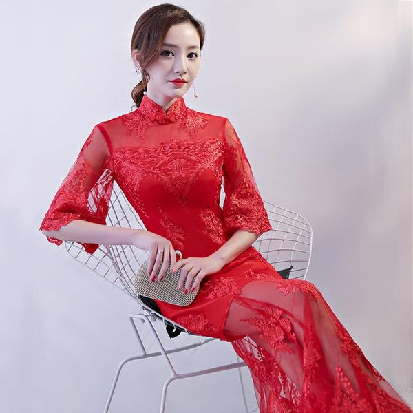 

red wedding party cheongsam oriental evening dress chinese traditional womens elegant qipao lace long robe retro vestido