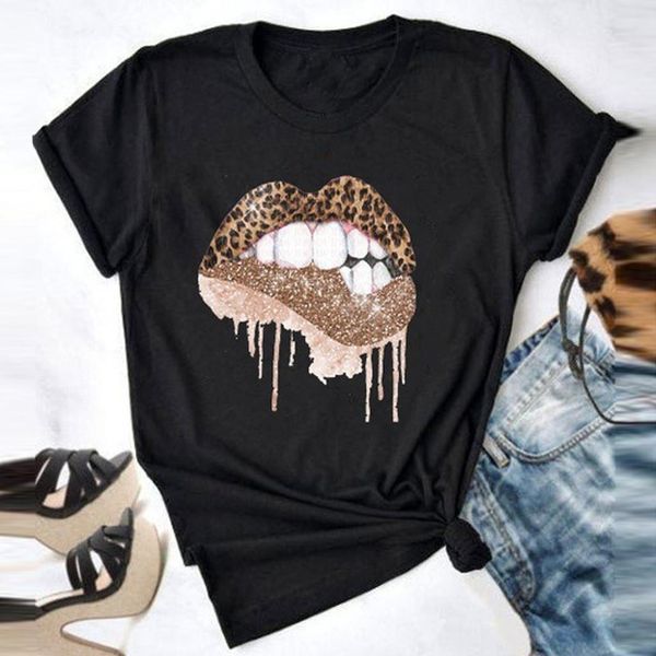 

leopard lips t shirt women 2021 summer short sleeve cheetah tongue lips sequins t-shirt white tee shirt harajuku camisetas