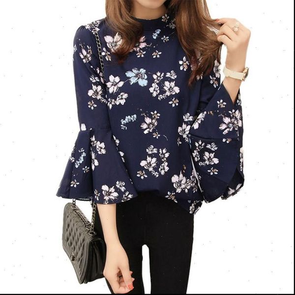 

autumn blouse women floral print chiffon flare sleeve shirts ladies office fashion chemise womens and blouses, White