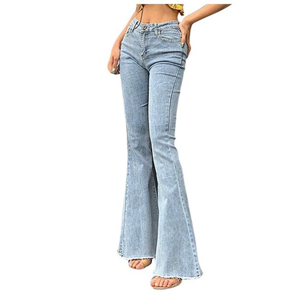 

women's jeans solid flare pants casual skinny hip-lifting fringed flared high waist pantalones de mujer pantalon pou, Blue