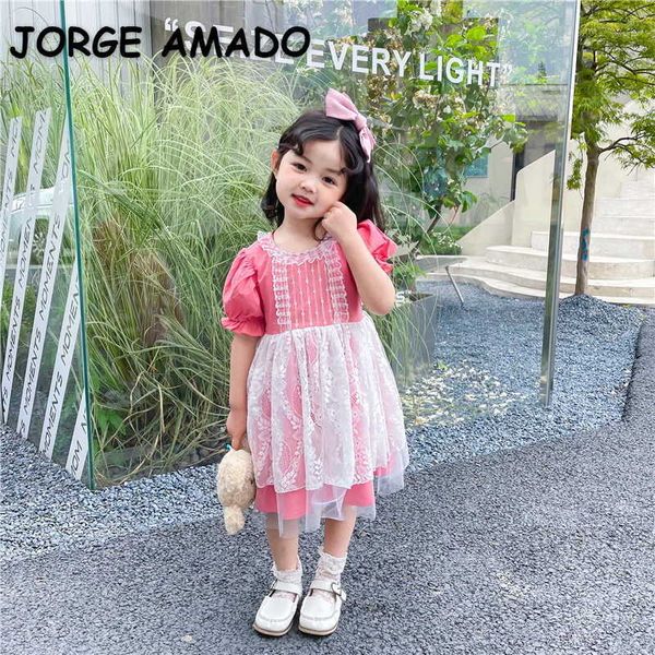 Abito estivo per bambina in stile coreano Abito in pizzo rosa aperto sul retro Scava fuori l'amore Principessa Vestiti per bambini E6042 210610