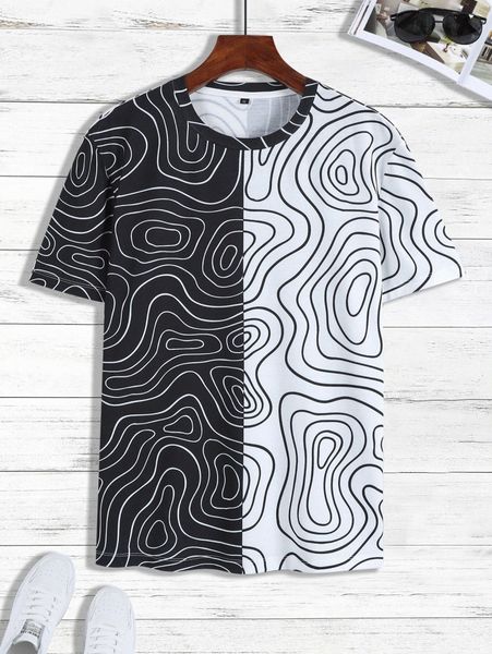 

men random annual ring print colorblock tee 35t9#, White;black