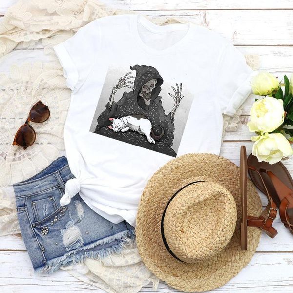 

women graphic lazy cat horror halloween summer autumn cartoon 90s print female t shirt shirt tees clothing womens t-shirt, White