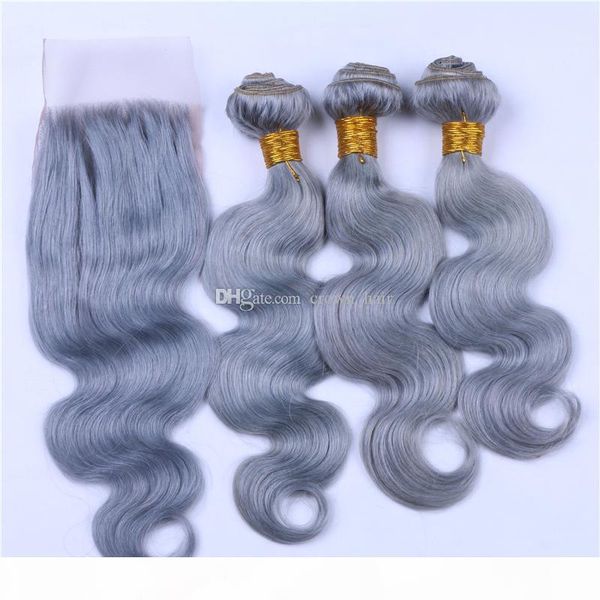 

pure color brazilian virgin hair bundles with lace closure sliver grey hair extension with lace closure 4x4 4pcs lot, Black