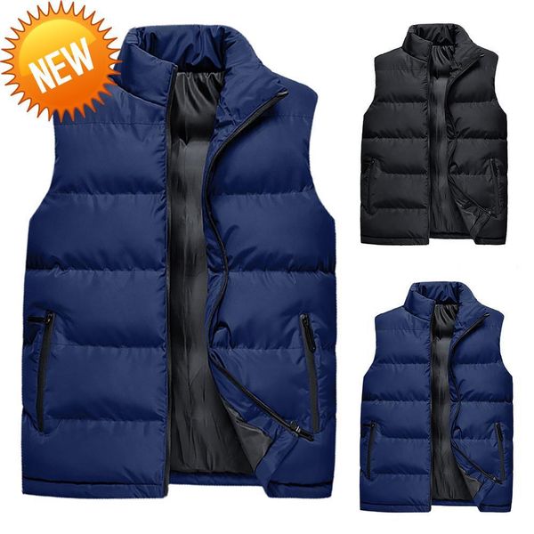

mens jacket sleeveless vest men winter solid color stand collar thick warm waistcoats clothing for male, Black