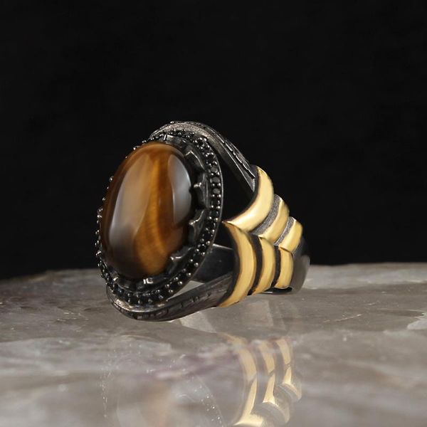 

cluster rings lapping plated tiger 's eye stone men silver ring, Golden;silver