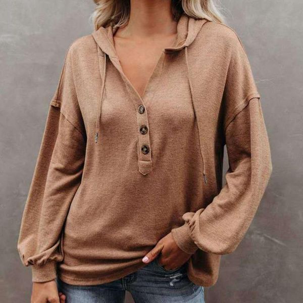 

women's hoodies & sweatshirts solid color loose hooded sweatshirt 2021 autumn pullover coats long sleeve button casual wild, Black