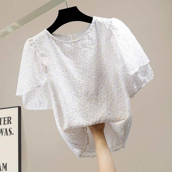 

women's blouses & shirts superaen fashion embroidery ruffles puff sleeve pullovers o neck solid shirt summer blouse women, White