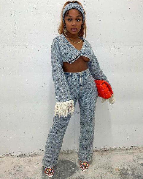 

women's two piece pants vbpb 2022 high-end tassel denim set sweet young full sleeve long wide leg group underwears slim women 3, White