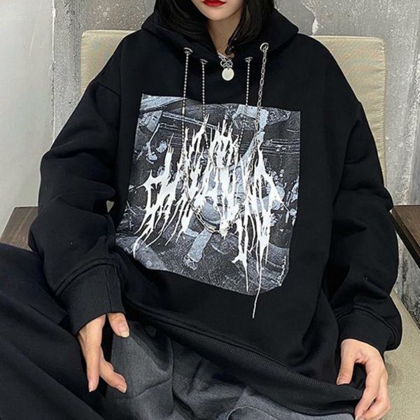 

2021 new deeptown gothic sweatshirt inverno moda impresso com capuz feminino manga longa preto streetwear solto hip hop pulver e7qo, Black