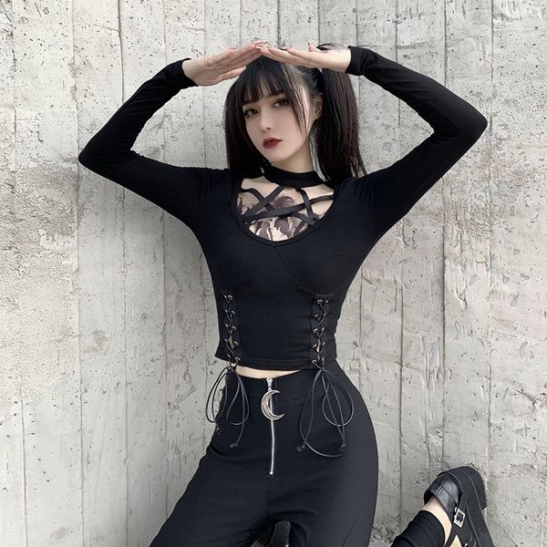 

streetwear slim long sleeve solid color t shirt women bodycon star bandage hollow out drawstring female casual top, White