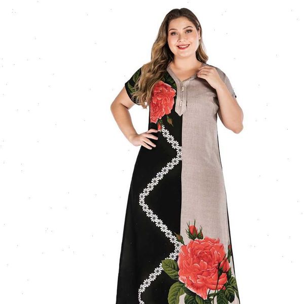 

plus size tribal floral print boho dress summer tunic 2021 short sleeve muslim abaya kaftan robe loose long maxi dresses, Black;gray