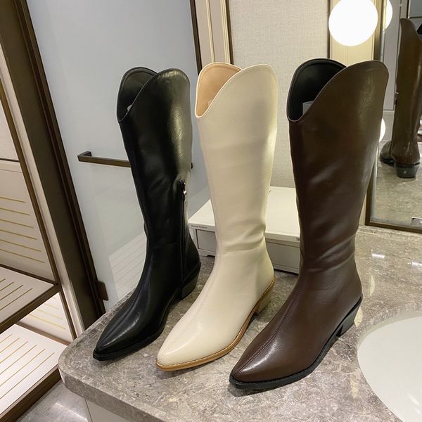 

2021 autumn and winter v-mouth wtern cowboy boots side zipper pointed high barrel knight thick heel ls than knee boots, Black