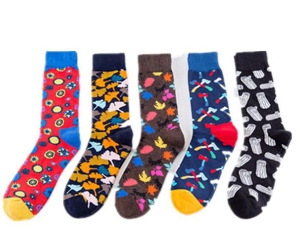 

colorful fashion happy combed cotton jacquard autumn winter mid-calf socks leaves axe stump, Black