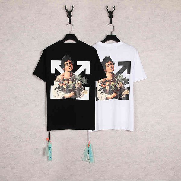 

white high off quality fashion new back oil painting arrstyle loose men's and women's same round neck short sleeve, White;black