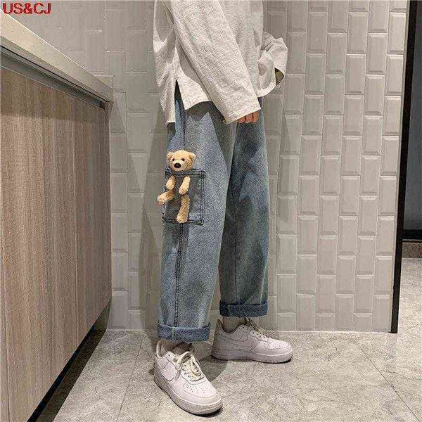 

2021 autumn fashion high street jeans men casual straigh pants cute pocket bear oversize harajuku wide leg trousers denim, Blue
