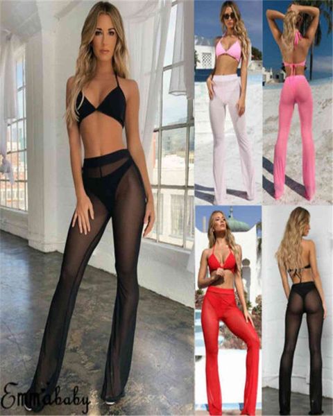 

beach high waist women capris mesh sheer wide leg see through bikini cover up flared trousers 4 colors, Black;white