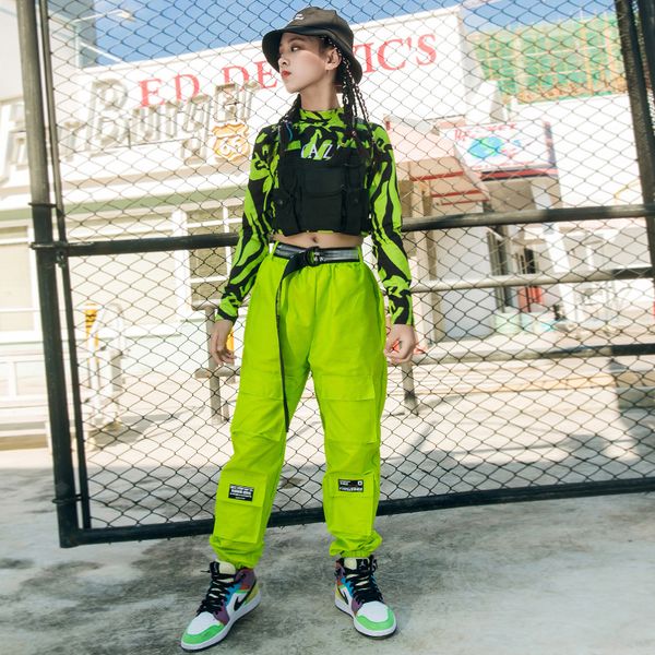 

kids hip hop clothes girls loose jazz costume green set pants hip hop black vest performance stage outfit rave wear vdb2662, Black;red