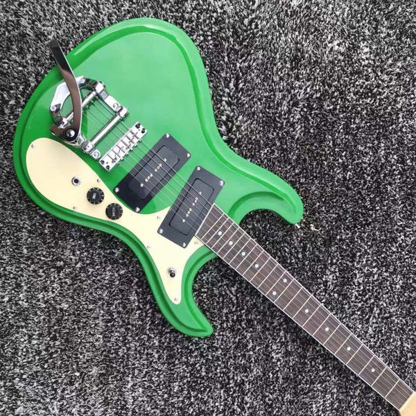 Benutzerdefinierte Ventures Mosrit Null E-Gitarre-Fret Johnny Ramone Dunkelgrün mit Bigs Tremolo-Saitenschmuck Black P-90 Pickups Vintage-Tuner