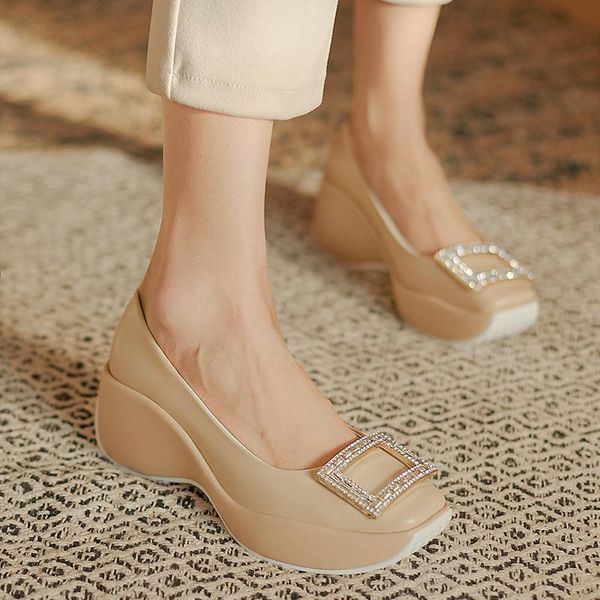 

dress shoes 2021 autumn wedge heel women's high-heeled rhinestone square buckle leather wild toe platform, Black