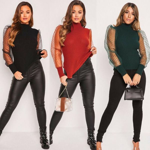 

women's sheer mesh long puff sleeve polka dots blouse turtleneck knit shirt blouse, White