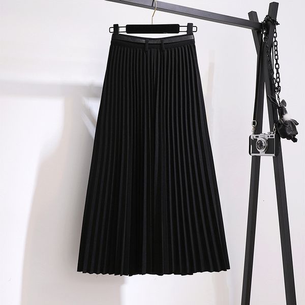 

more women's size tall black skirt plied casual solid with midi belt skirts lady fashion simple mujer faldas c6m3