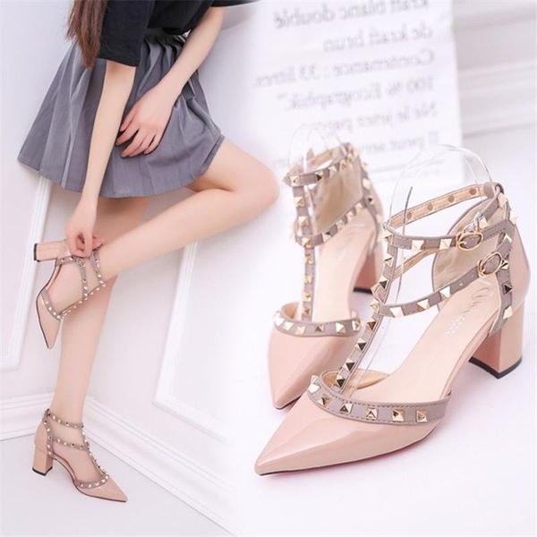 

dress shoes women's summer sandals pointed patent leather rivet buckle thick with heel wild thin 2021 high heels sexy, Black