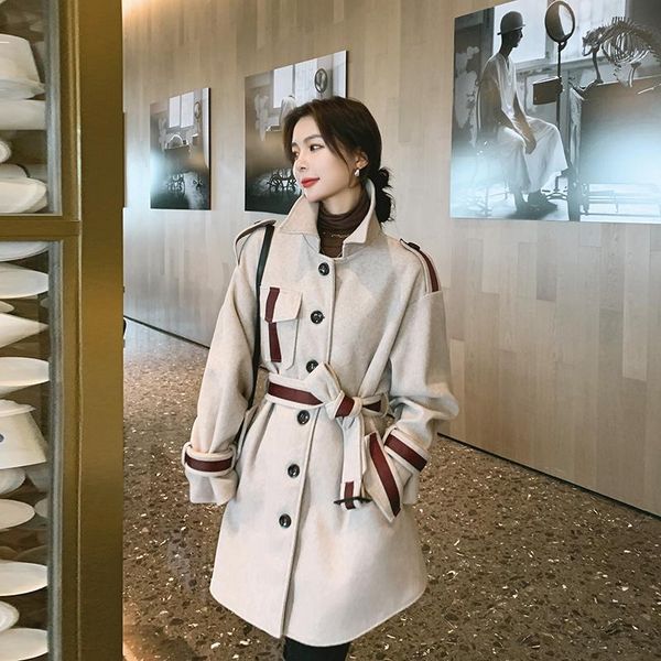 

women's wool & blends autumn winter women fashion korean style woolen jacket female elegant chic slim casual single breasted belt coat, Black