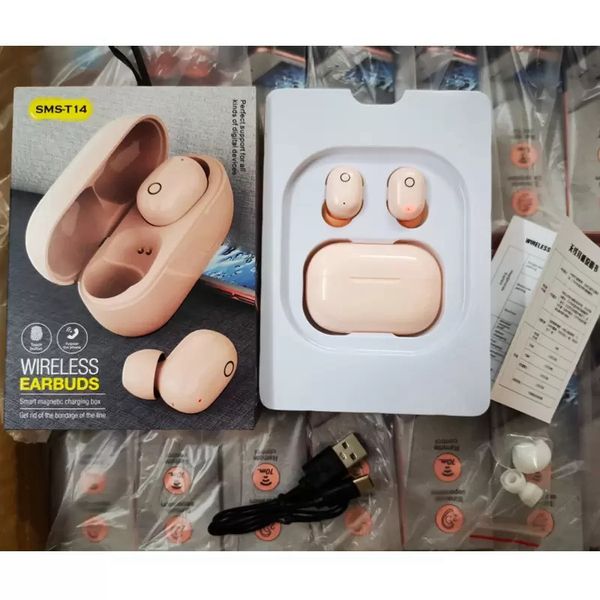 SMS-T14 T14 TWS Fones de ouvido sem fio com Bluetooth 5.0 HD Earbuds estéreo Typc-C Pacote de varejo tem gancho PK E6S F9 Feadphone