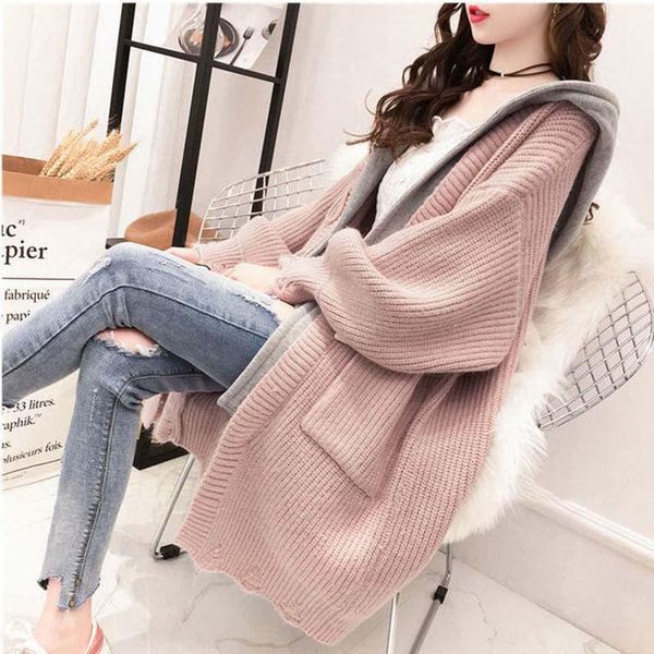 

women's knits & tees dayifun oversized cardigan fake two-pieces hoodies long frayed hooded knitted coat korean fashion chic winter clot, White