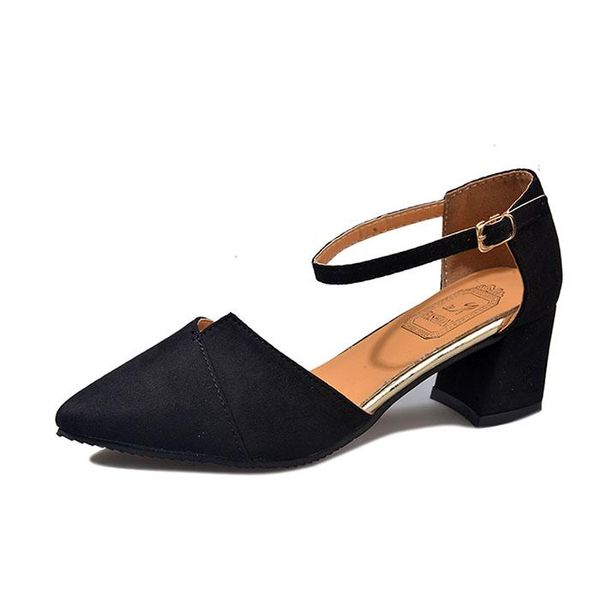 

sandals eagsity flock fashion pointed toe women high heel ankle strap block pumps wedding party shoes, Black