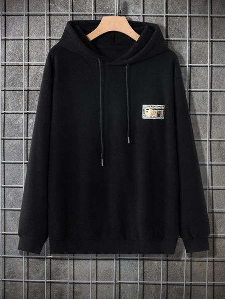 

men patched detail drop shoulder drawstring fleece hoodie 06ll#, Black