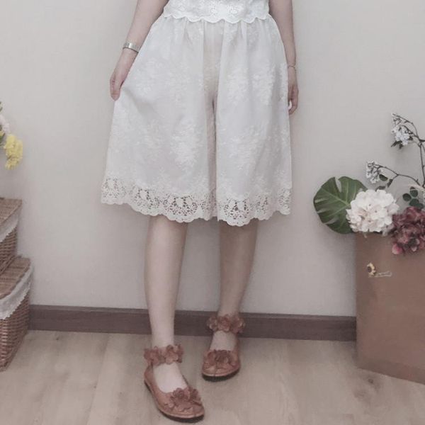 

women's pants & capris mori girl sweet cotton embroidery loose elastic waist women wide leg short trousers harajuku vintage hippie pant, Black;white