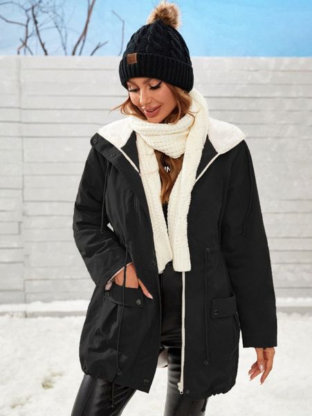 

dual pocket drawstring waist hooded parka coat 28ns#, Black