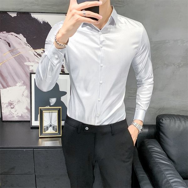 

2021 thin korean fitting long-sleeve casual solid new men's shirts the whole formal business game wear gentlemen's tuxedo homme wl, Black;brown