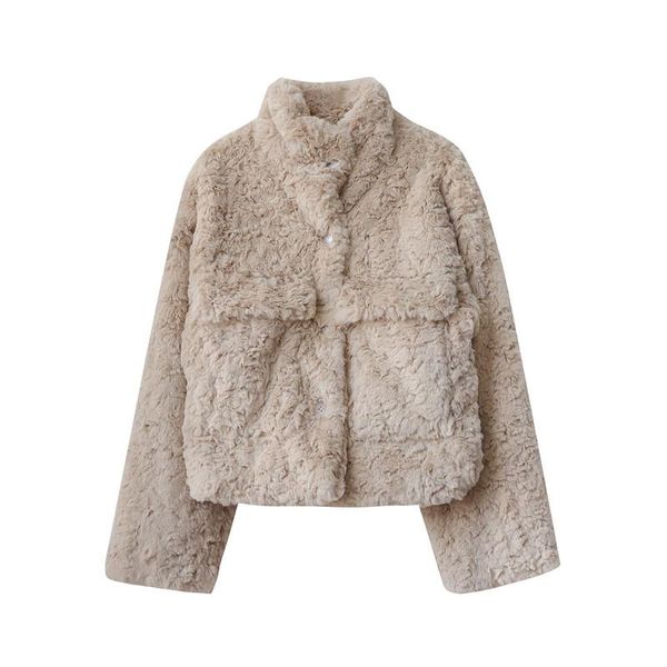 

women's wool & blends winter jacket fashion plush stitching single breasted pocket lapel retro loose long sleeve 300, Black