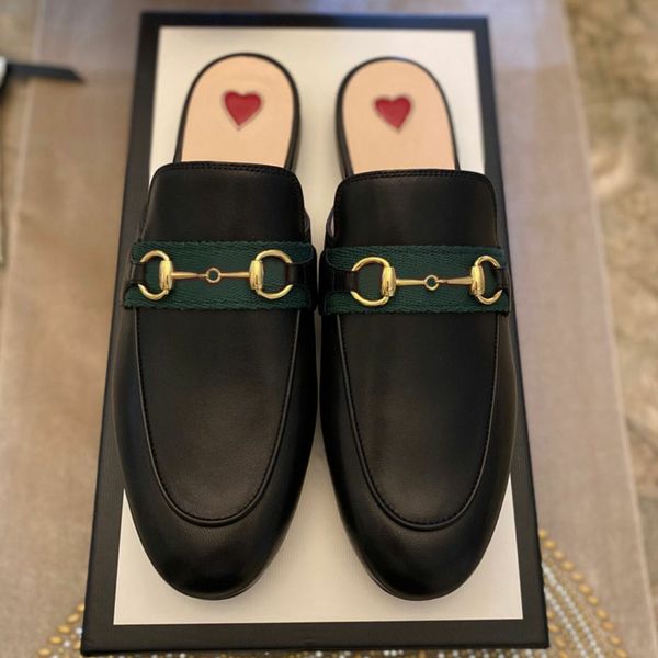 

2021 100% leather men slippers cowhide lazy women shoes metal buckle beach slides mules princetown classic lady slipper large size 34-46, Black