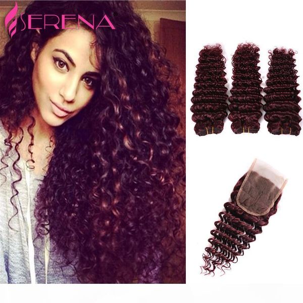 

burgundy brazilian hair weave 3 bundles grade 9a #99j red wine deep curly wave human hair extensions 4pcs lot no tangle and no shedding, Black;brown