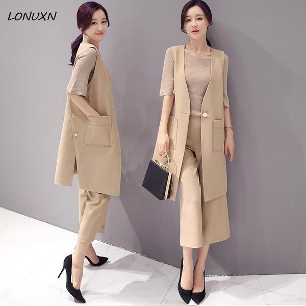 

women's suits & blazers 2 piece set women fashion 2021 female vest pants + wide leg clothes suit colors loose half sleeve solid color k, White;black