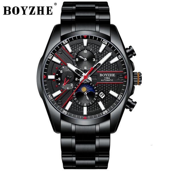 

boyzhe men automatic watches luxury mechanical wrist stainless steel black sport waterproof mekaniska klockor, Slivery;brown