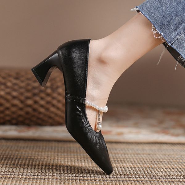 

2021 New Spring Women Pumps String Bead Dress Shoe Pointed Toe Mary Janes Pearls High Heels Sexy Ladies Shoe zapatos mujer 8937NDress Shoes, Orange