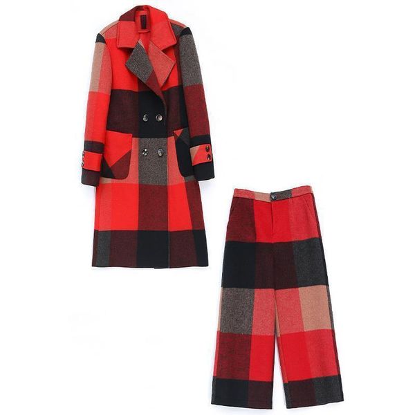 

women's two piece pants single/suit 2021 women autumn winter mature temperament woolen plaid jacket female wide leg fashionable two-pie, White