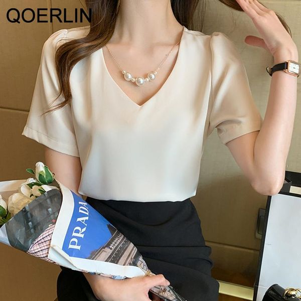 

women's blouses & shirts qoerlin white chiffon blouse women short sleeve pearl deco lady blusa mujer de moda 2021 elegant v-neck shirt
