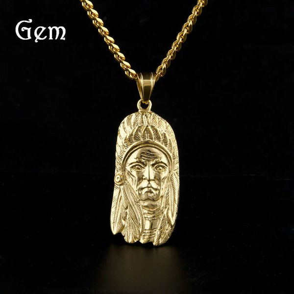 

street hip hop face pendant stainless steel feather indian chief necklace, Silver