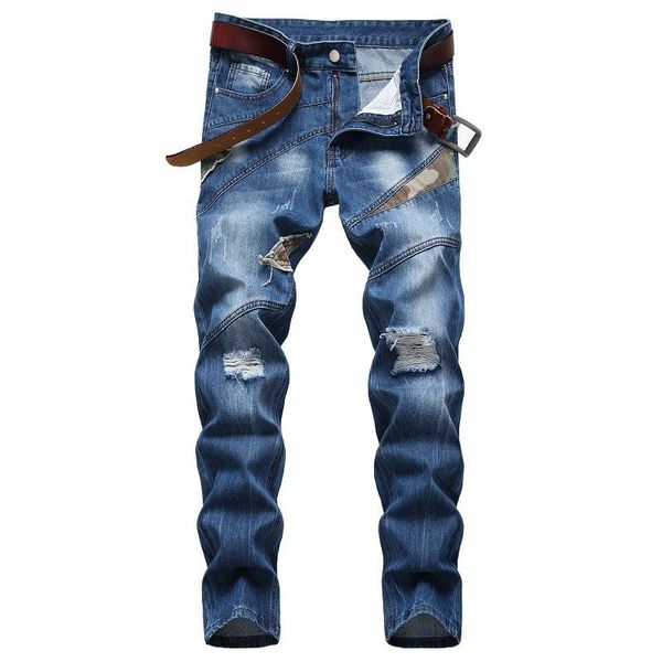 

men's jeans fashion hole men personality camouflage stitching trendy pants four seasons straight denim clothing, Blue