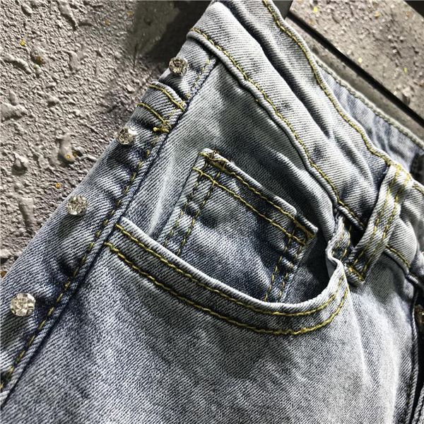 

women's jeans skinny women spring and summer high waist elasticity tight-fit light color beads pencil pants lady's jean, Blue