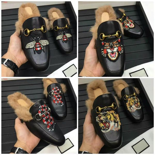 

new genuine leather loafers fur muller slipper with buckle fashion women princetown ladies casual furs designer mules flats size 35-44, Black