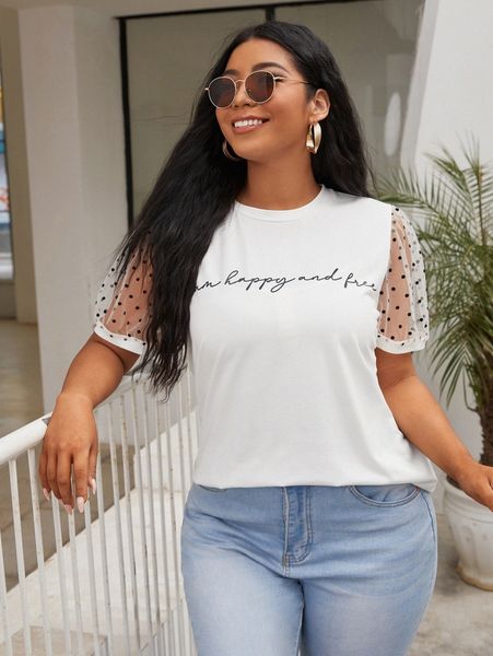 

plus slogan graphic polka dot sheer mesh tee 33em#, Black