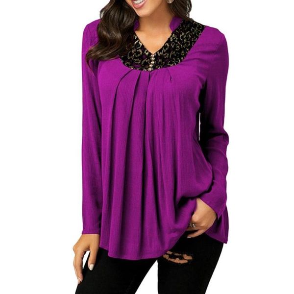 

women autumn solid color floral print v neck long sleeve pleated blouse top, White