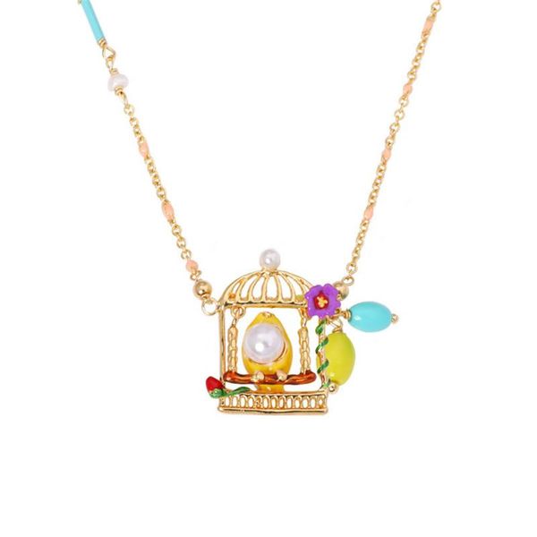

pendant necklaces european and american fashion style hand-painted enamel glaze canary pearl bird cage necklace short clavicle chain female, Silver